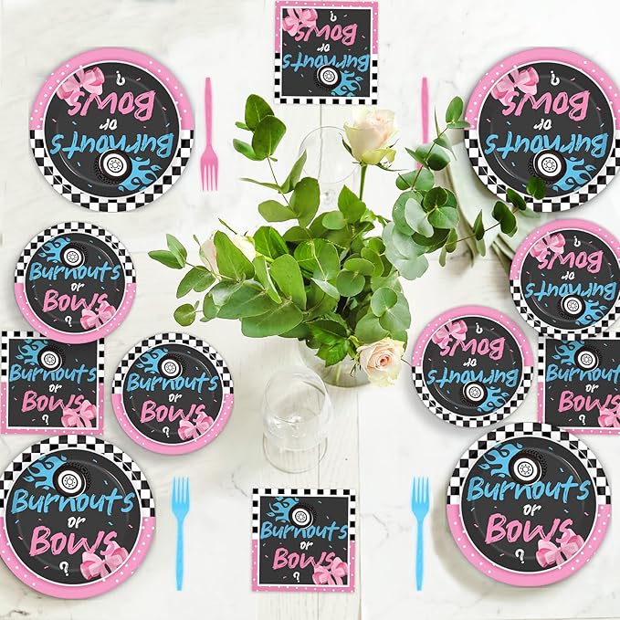 chiazllta 96 Pcs Gender Reveal Burnouts or Bows Party Plate and Napkins Supplies Disposable Tableware Decor Party Paper Plates Napkins for Party Favors 24 Guests