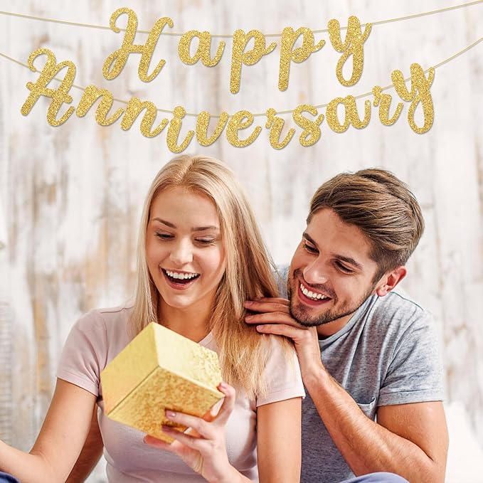 Happy Anniversary Banner Sign Gold Glitter Wedding Bunting Banner Flag Garland for Anniversary Party Decorations Supplies