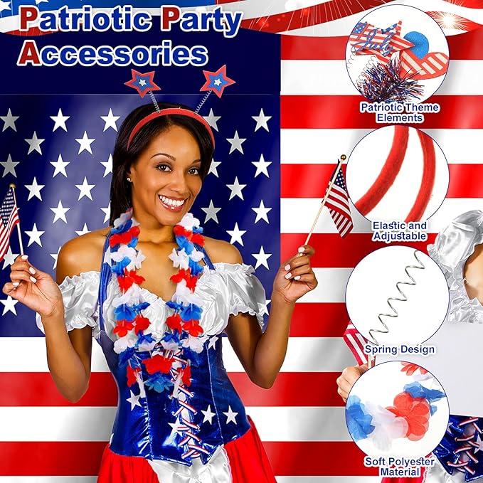 24 Pcs 4th of July Party Accessories, 12 Patriotic Headbands, 12 Independence Flower Leis, Red White Blue Star USA Flag Head Bopper for 4th of July Labor Day Veterans Memorial Day Party Supplies Favor