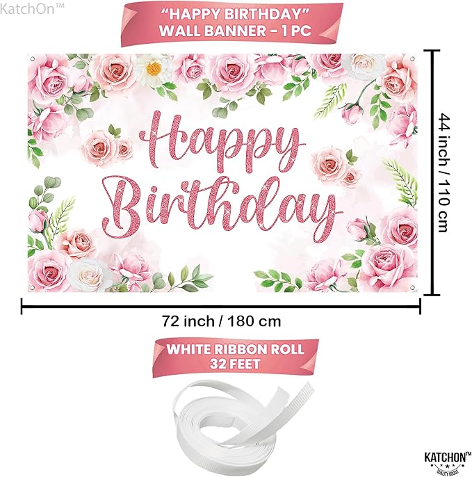KatchOn, XtraLarge Pink Happy Birthday Banner - 72x44 Inch | Birthday Decorations for Girls, Women | Pink Glitter Backdrop for Floral Party Decorations