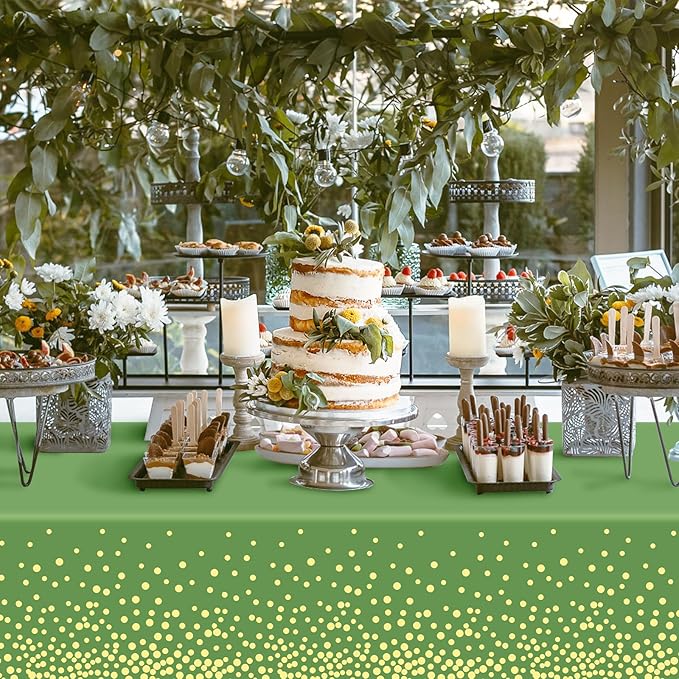 4 Pack Sage Green and Gold Plastic Tablecloth, Green Disposable Table Cloth 54"x108", Gold Dot Tablecloth for Birthday Baby Shower Graduation Party Decorations