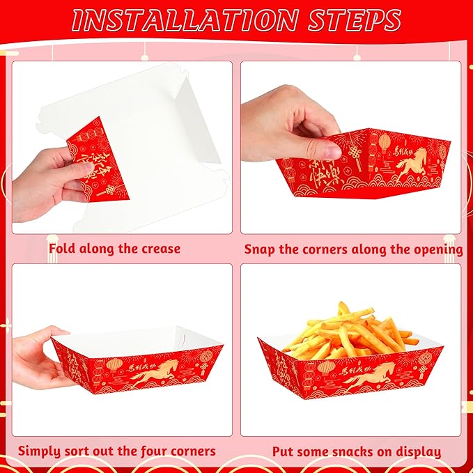 50 PCS Chinese New Year Decorations 2026, Spring Festival Food Paper Trays, Disposable Chinese New Year Candy Trays Food Boats, Year of The Horse Decorations for Taco Burger Popcorn