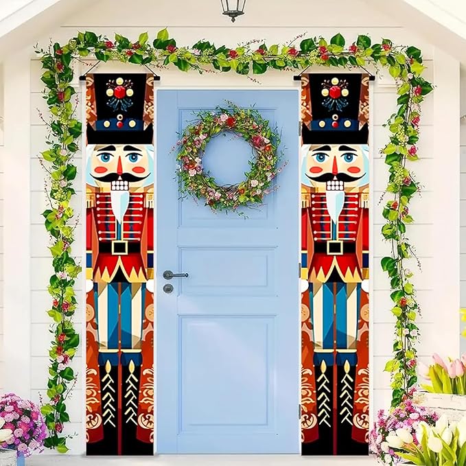 Christmas Door Banner Set 12x71 Inch Nutcracker Soldier Vertical Porch Hanging Sign Indoor Outdoor Polyester Holiday Entryway Decoration Seasonal Photo Backdrop