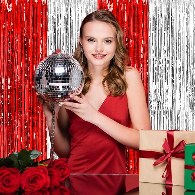 3 Pack Red and Silver Foil Fringe Curtains Backdrop, 3.28 x 8.2 Ft Metallic Streamers Tinsel Curtains Background for Photo Booth, Birthday, Halloween, Christmas, New Year Party Decorations