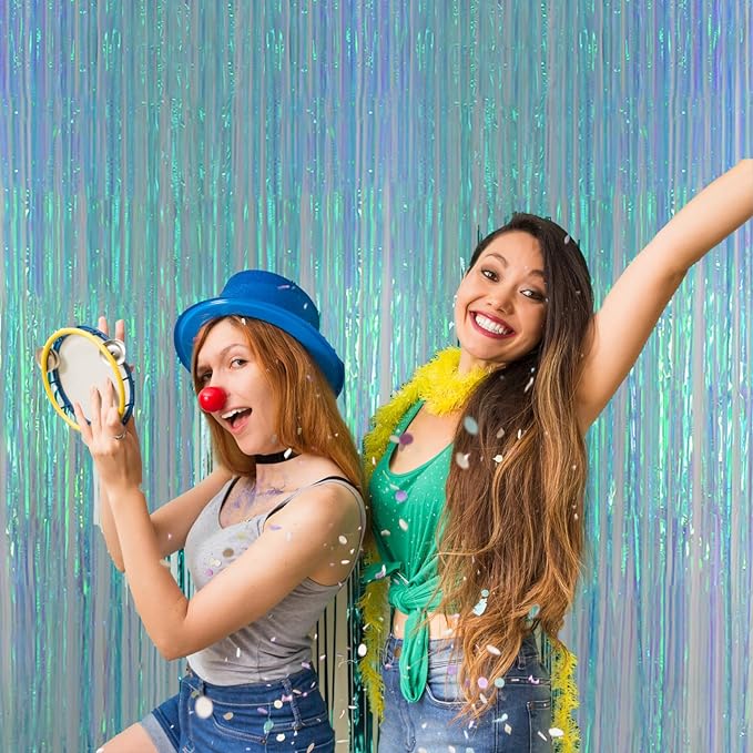 Melsan Iridescent Blue Fringe Backdrop Party Streamer Decorations - 3.2 x 6.5 ft Tinsel Backdrop Foil Curtains for Gender Reveal Under The Sea Ocean Theme Birthdays Parties - 2 Packs