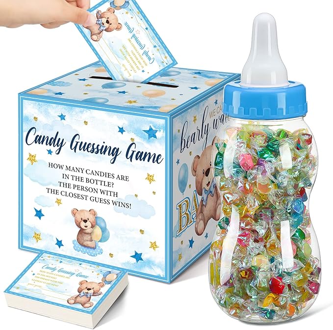 Glenmal 52 Pcs Baby Shower Games Gift Sets Large Baby Bottle for Shower Game Guess How Many Candies Decorations for Gender Reveal(Bear)