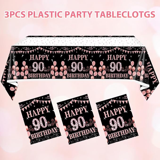 3PCS 90th Birthday Tablecloth 90 Year Old Black and Rose Gold Birthday Decorations Cheers to 90 Years Table Cloth Disposable Plastic Rectangular Table Cloth for Women