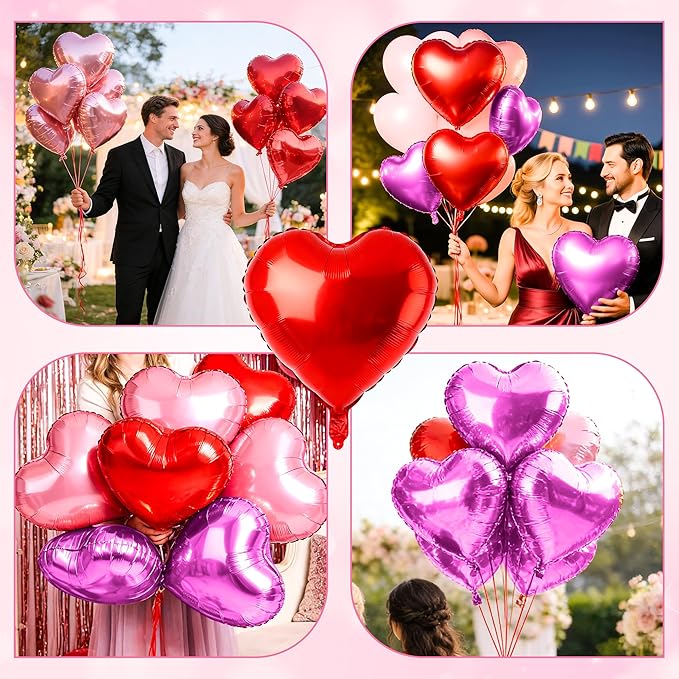 12 Pcs Red and Hot Pink Heart Foil Balloons for Valentines Day Decorations, 18 Inch Romantic Love Valentine Heart Balloons for Galentines Day Decorations Wedding Marriage Birthday Bridal Shower Party