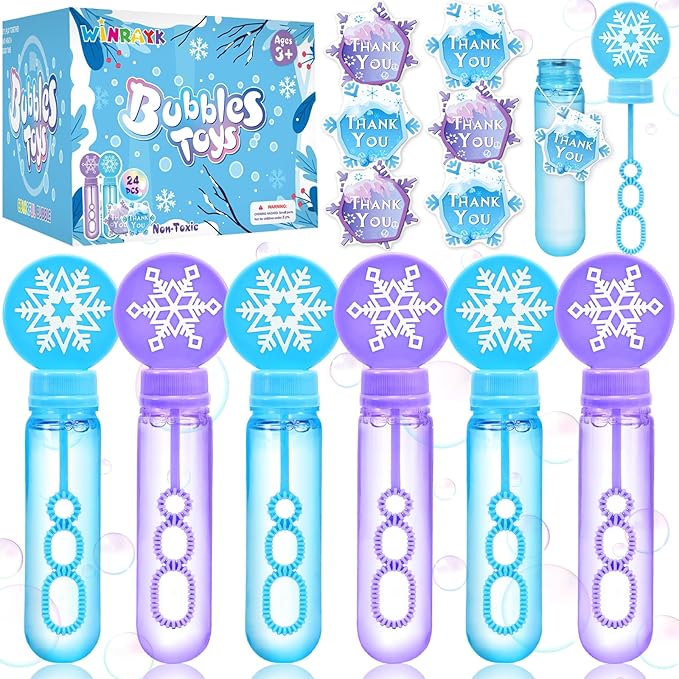 Winrayk 24 Large Snowflake Bubble Wands with Gift Card, Frozen Party Favors for Kids Bubbles Bulk, Winter Christmas Birthday Gift Pinata Filler Goodie Bag Stuffer Boys Girls Valentines Classroom Prize