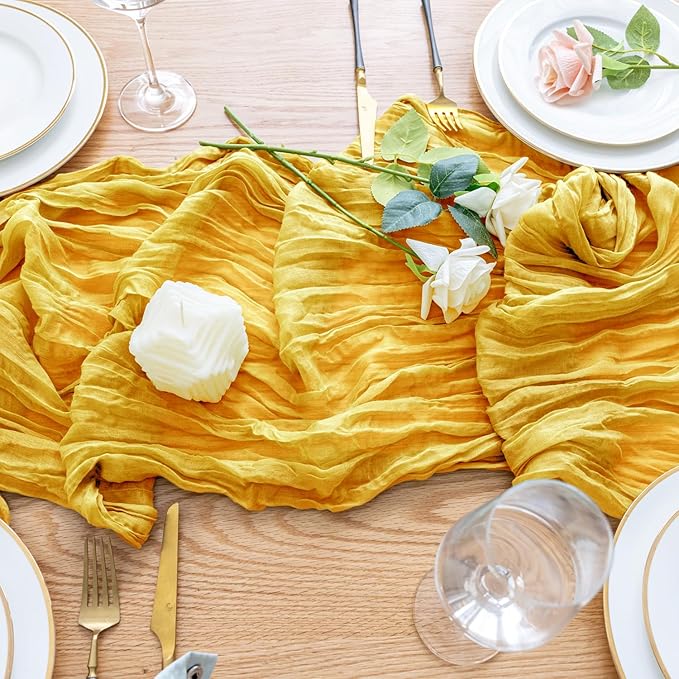 Wokceer Cheesecloth Table Runner Christmas 2Pack 10FT Gold Boho Gauze Fall Easter Cheese Cloth Table Runner for Party Long Rustic Sheer Table Runners for Baby Bridal Shower Wedding Table