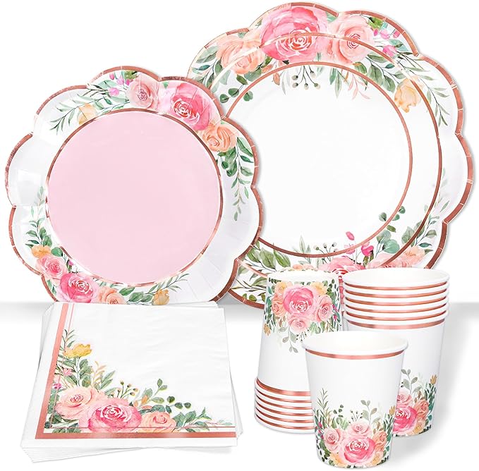 Whaline Floral Tableware Set Pink Flower Rose Gold Foil Disposable Party Supplies Scalloped Plates Paper Napkins Cups for 25 Guests Spring Wedding Bridal Baby Shower Birthday