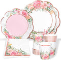 Whaline Floral Tableware Set Pink Flower Rose Gold Foil Disposable Party Supplies Scalloped Plates Paper Napkins Cups for 25 Guests Spring Wedding Bridal Baby Shower Birthday