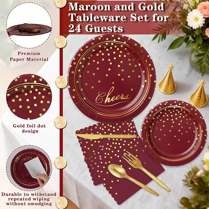 OuMuaMua Maroon Gold Paper Plates and Napkins Party Supplies for 24 Guests, 168 Pcs Burgundy Disposable Plates with Utensils Set for Maroon and Gold Graduation Birthday Party Decorations