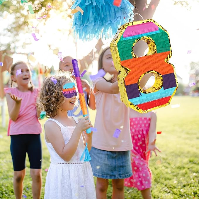 Rainbow Number 8 Pinata Rainbow Pinata with Bat Stick Blindfold for Kids 8th Birthday Party Supplies Fiesta Centerpieces Anniversary Celebrations (16.1 x 10.6 x 3.2 Inches)