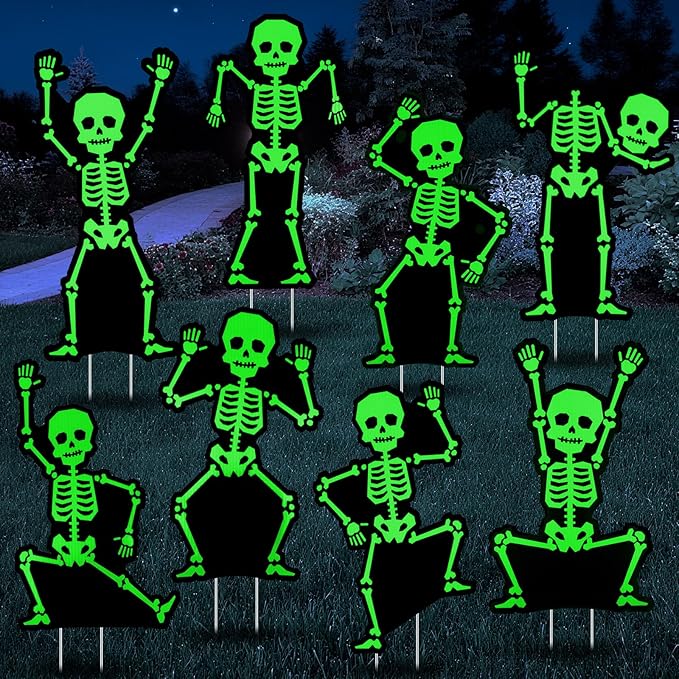 Jetec 8 Pcs Halloween Outdoor Decorations Glow in The Dark Skeleton with Stakes Luminous Halloween Graveyard Decoration Funny Skeleton Yard Signs for Outdoor Lawn Yard Garden