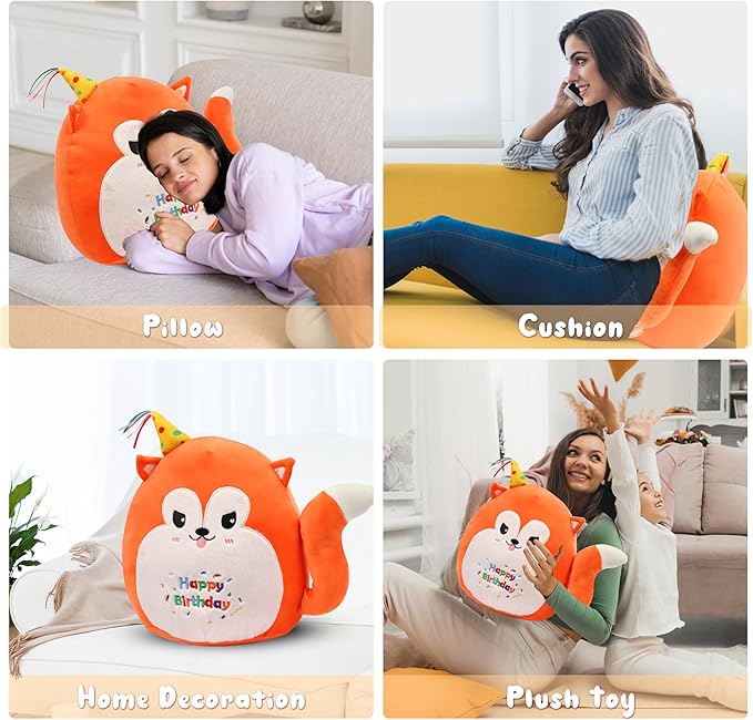 Easfan 12’’ Birthday Fox Plush Pillow Soft Fox Plush Toy Cute Fox Stuffed Animal Home Room Decoration Birthday Gift for Kids Adults,Orange, EF0087_Fox