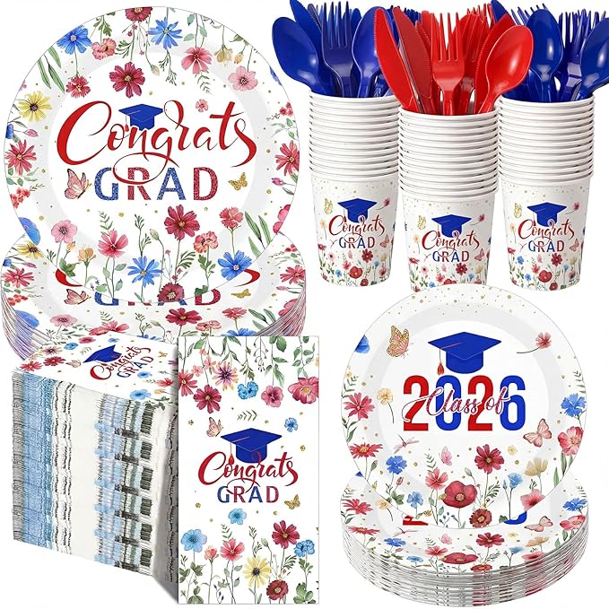 400 Pcs Class of 2026 Blue Floral Graduation Decorations for 50 Guests, Blue Red Flower Graduation Paper Plates Napkins and Cups Cutlery Grad Tableware for 2026 Congrats Grad Party Supply