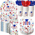 400 Pcs Class of 2026 Blue Floral Graduation Decorations for 50 Guests, Blue Red Flower Graduation Paper Plates Napkins and Cups Cutlery Grad Tableware for 2026 Congrats Grad Party Supply