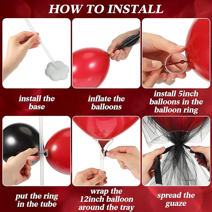 BBTO 8 Set Table Centerpieces Balloons Stand Kit, 80 Pcs Latex Balloons and Table Stand Holder with Base Tulle for Wedding Birthday Baby Shower Party(Black and Pomegranate Red)