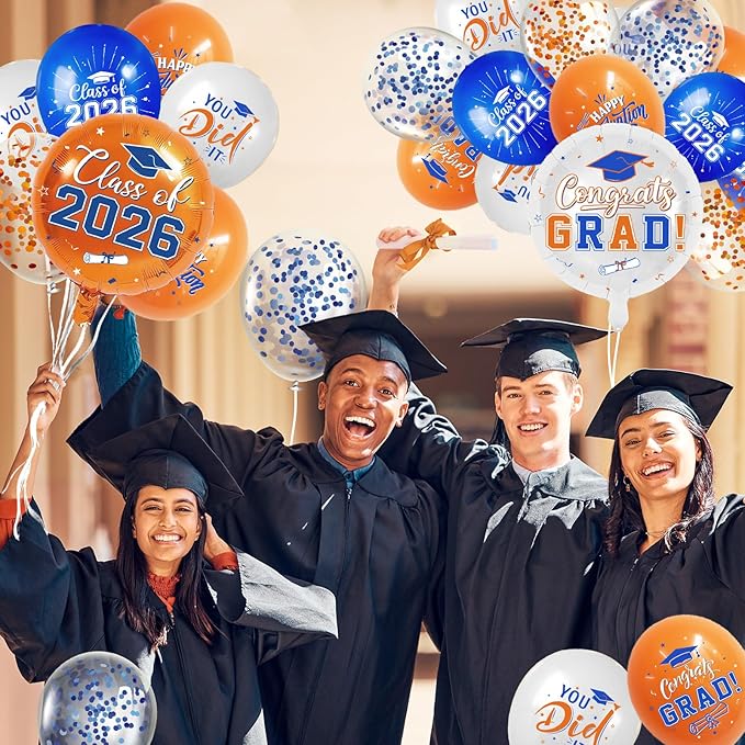 Blue and Orange Graduation Balloons Graduation Decorations 2026, 51Pcs Grad Latex Balloons and Grad Foil Balloon with Confetti Ribbons Grad Party Decorations for College High School