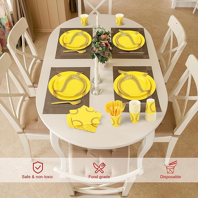 Kochorie 144 Pieces Softball Party Supplies, Sports Tableware Sets Including Disposable Paper Plates Napkins Cups Forks Serves 24 for Birthday Sports Softball Party Decorations