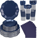 350 Pcs Navy Blue Plates and Napkins Set, 50 Guest Navy Blue Party Supplies Include Scalloped Plate Paper Napkin Cup Forks Knives Disposable Plastic Cutlery for Wedding Baby Shower Birthday Party