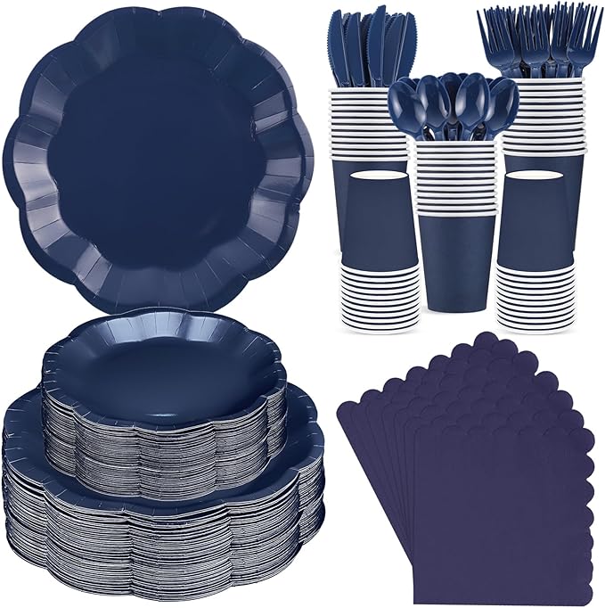 350 Pcs Navy Blue Plates and Napkins Set, 50 Guest Navy Blue Party Supplies Include Scalloped Plate Paper Napkin Cup Forks Knives Disposable Plastic Cutlery for Wedding Baby Shower Birthday Party