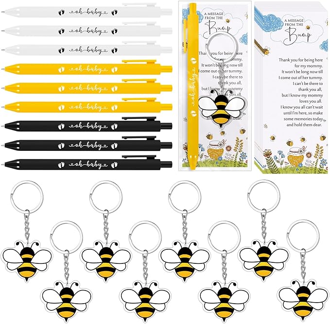 Highergo 100 Pcs Baby Shower Party Favors Bulk 50 Animal Keychains 50 Ballpoint Pens with Thank You Cards Gender Reveal Gift for Guest Baby Shower Souvenir Prize(Bee)