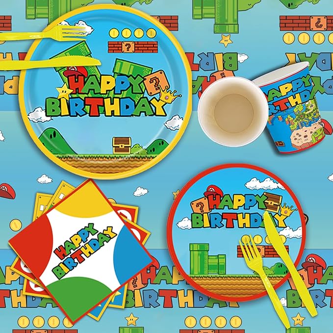 122Pcs Disposable Tableware Fits for Super Bros Party Supplies Table Decoration Kit for 20-Guests Includes Banner, Tableloth, Plates, Cups, Napkins, Forks and Knives