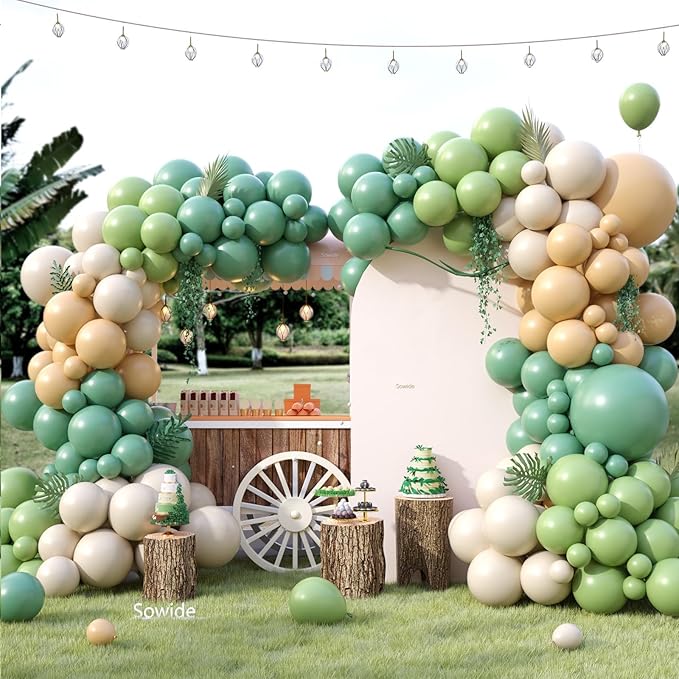 Sage Green Brown Balloon Arch Kit, 122Pcs Avocado Dusty Green Apricot Sand White Tan Balloons for Neutral Safari Woodland Birthday Dinosaur Party Summer Decorations
