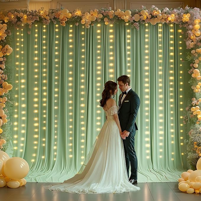 20 x 10ft Sage Green Backdrop Curtains with Lights String for Wedding Polyester Photo Backdrop Drapes Wrinkle Free Curtains Backdrop for Birthday Parties Reception Baby Shower Ceremony-5 x 10ft x 4P