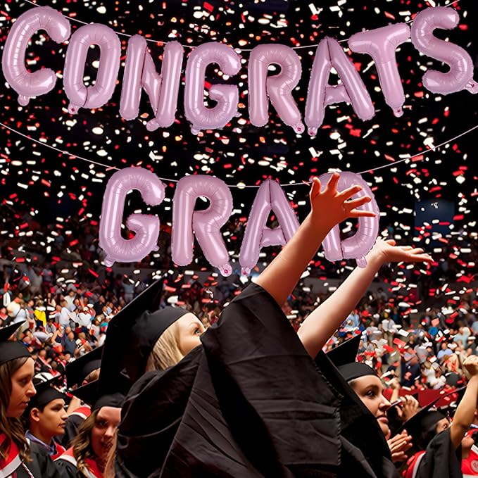 KALOR 16 Inch Pink Congrats Grad Banner Balloons, Pink Congrats Grad Letters Sign, Graduation Decorations 2026 for Graduation Party Decorations 2026