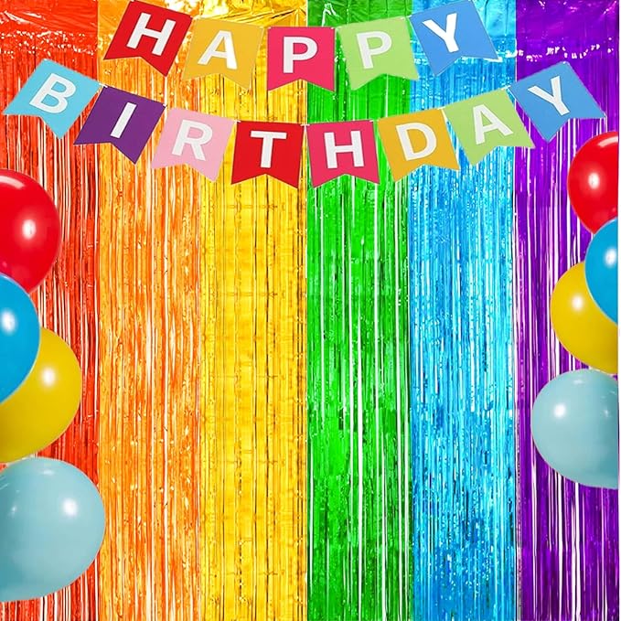 MYUPDALIN 2 Pack Rainbow Foil Fringe Curtains Decorations, Colorful Fringe Backdrop, Birthday and Dance Party Backgrounds