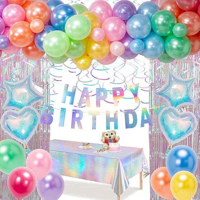 Birthday Decorations Pearl Rainbow Balloon Arch Garland Kit Iridescent Disco Party Pastel Tablecloth Supply Fringe Sparkle Backdrop Decor