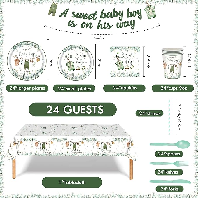 Baby Boy Shower Party Decorations – 194 PCS A Sweet Boy Is On His Way Party Supplies for 24 Guests, Includes Plates, Cups, Napkins, Cutlery, Banner & Tablecloth