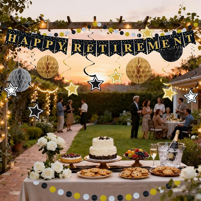 Happy Retirement Party Decorations for Men Women Black Gold Happy Retirement Banner Honeycomb Balls Pentagram Hanging Swirl Streamers Circle Dots Garland