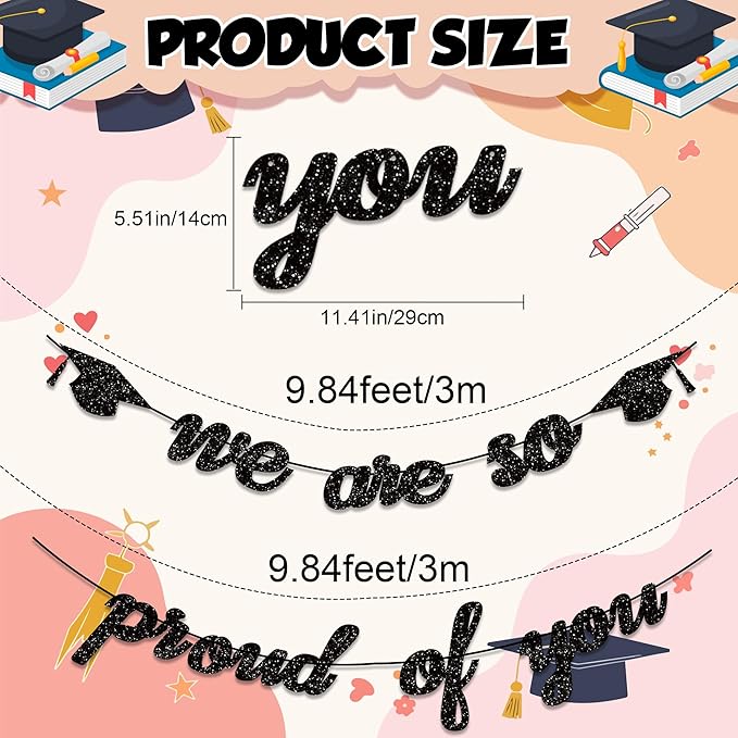 Graduation Decorations 2026 | Class of 2026 Graduation Banner, Black Glitter We are So Proud of You Grad Banner for Graduations Party Decorations Favors Supplies School Home Car Decorations