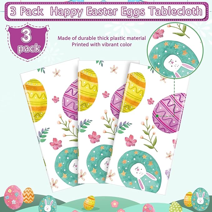 Ragnhild 3 Pack Easter Tablecloth Party Decorations, Easter Eggs Bunny Plastic Tablecloth Table Decor, Watercolor Spring Disposable Rectangle Table Cover for Home, Kitchen, Dining Room, 54 x 108 Inch