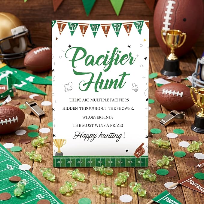 Thyle 51 Pcs Football Pacifier Hunt Baby Shower Games Forest Animal Baby Shower Game Decoration Include Hunt Sign and Acrylic Pacifiers Touch Down It's a Boy Gift Sets for Gender Reveal Party Decor