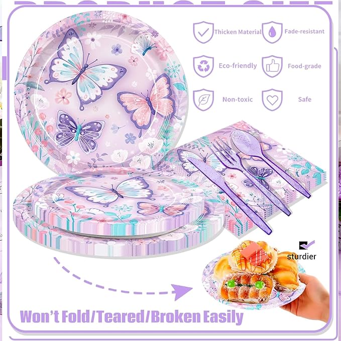 Butterfly Party Decorations 168pcs Butterfly Plates Napkins Cups Disposable Tableware Set Floral Butterflys Birthday Party Supplies for Girls Birthday Baby Shower Bridal Shower Serves 24 Guests