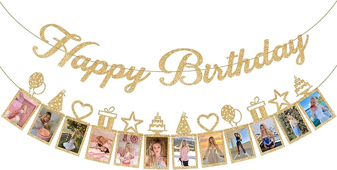 KatchOn, Glitter Gold Happy Birthday Photo Banner - Prestrung, 2 Strings, 10 Feet | Happy Birthday Banner with Photo for Gold Birthday Decorations