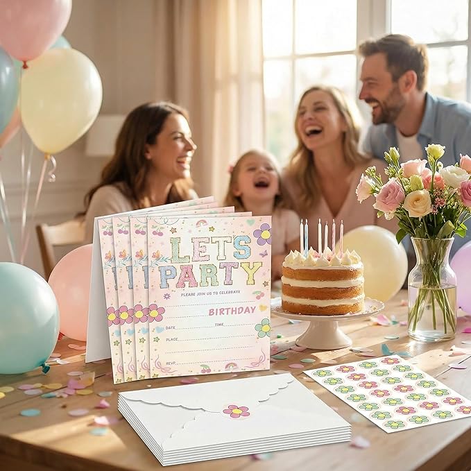 Let's Party! Birthday Invitations - Cute Flower - 20Pcs Double-Sided Fill- In Invitation Cards & Envelopes For Boys, Girls, Birthday Party Favor & Supplies 6 x 4 Inch