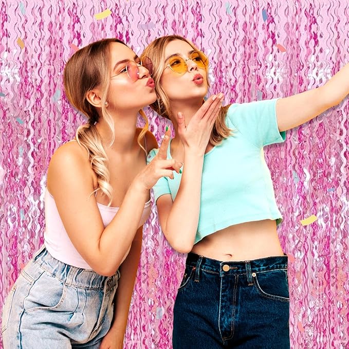 4 Pack Pink Wave Foil Fringe Curtain Backdrop, 3.28Ft x 8.2Ft Metallic Tinsel Foil Fringe Streamer Curtains for Photo Booth, Mother's Day, Easter, Birthday, Wedding Party Decoration