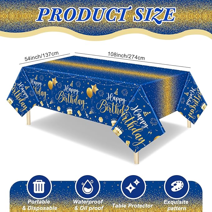 Tudomro 3 Pcs Happy Birthday Tablecloths Happy Birthday Party Decorations Plastic Table Cover Rectangular Cloths for Women Men Baby Shower Party Supplies, 108 x 54 Inch (Blue Gold)