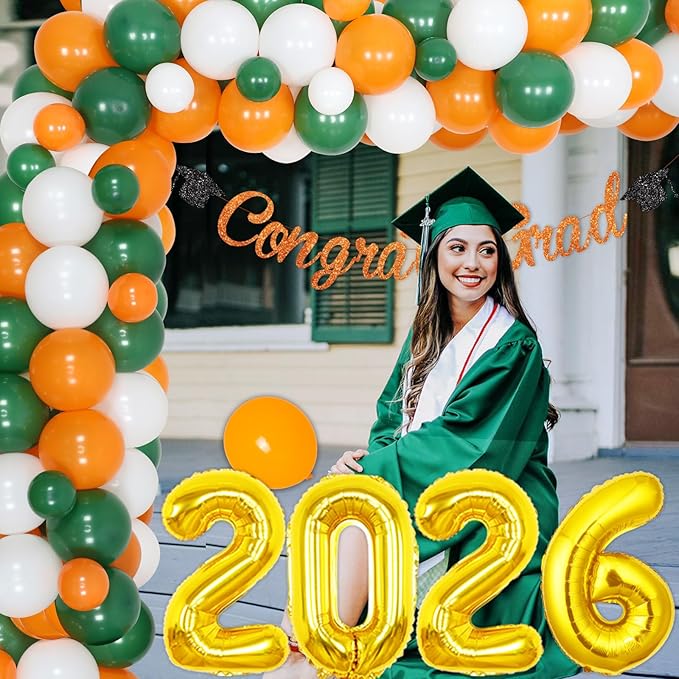 Kreatwow Graduation Decorations 2026 Orange and Green Balloon Garland Arch Kit Congrats Grad Banner Decorations Number 2026 Balloons for Class of 2026 High School College University Grad Party Decor