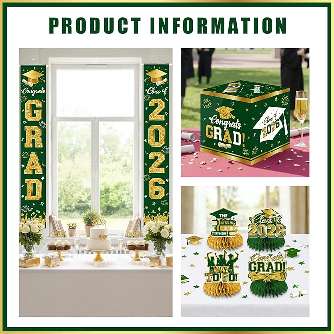 2026 Graduation Decorations - Green Congrats Grad Party Supplies include Card Box, Backdrop, Banner and Balloons for Class of 2026 Decorations Set