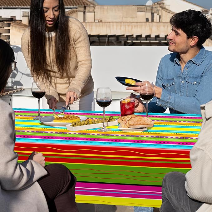 6 Pcs Mexican Party Decorations, 54"X108" Disposable Fiesta Tablecloths, Colorful Mexican Striped Tablecover Plastic Tableware Fiesta Decor for Cinco De Mayo, Taco Night, Mexico Themed Party Supplies
