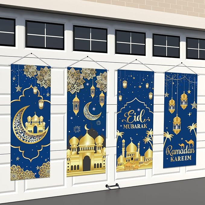 Panelee 4 Pcs Ramadan Mubarak Porch Sign Banners Blue Gold Eid Mubarak Decorations Muslim Ramadan Kareem Door Banner Backdrop for Home Doorway Indoor Outdoor Wall Hanging Decor
