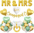 Sage Green Engagement Party Decorations, MR and MRS Balloons, Metallic Gold White Confetti Balloon, Love Heart and Diamond Ring Foil Balloon with Engaged Banner for Wedding Engagement Party Decoration