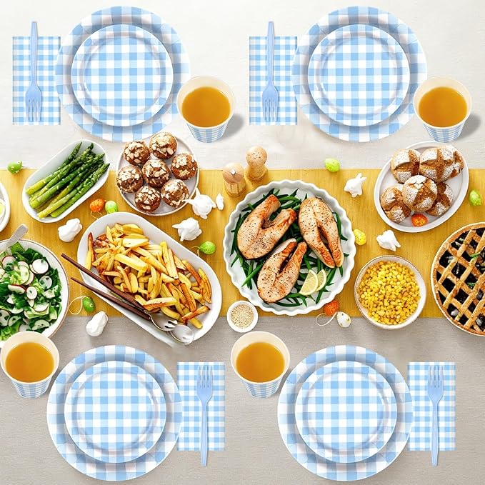 Blue Gingham Disposable Party Tableware Set for 30 Guests – 9 & 7 Inch Paper Plates, Cups, Napkins and Forks, Blue Checkered Paper Dinnerware for Birthday, Picnic, Baby Shower, Outdoor Gatherings